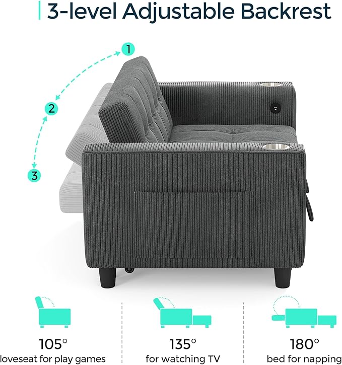 LINSY Sleeper Sofa Bed 54 Pull Out Couch with Charging Station &amp Cup Holder Small 3 in 1 Convertible Loveseat Sleeper Couch for Apartment Dorm Room Bedroom and Small Space Corduroy Gray