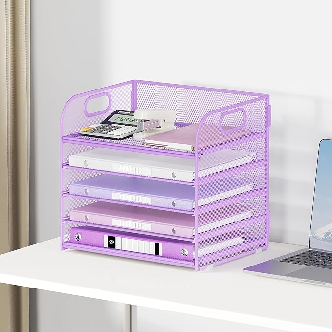 Lavatino Desk Letter Tray Paper Organizer 5-Tier with Handle Metal Mesh Desktop File Organizer Paper Holder for Classroom Office Desk Accessories- Purple