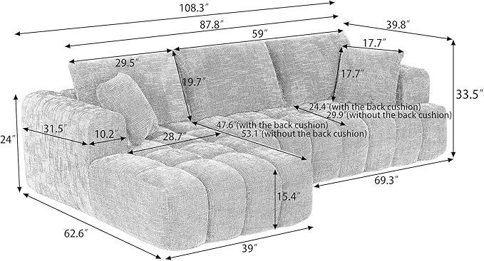108 Boneless Cloud Modular Sectional Couch for Living Room L Shaped Sofa with Chaise | Chenille Fabric | Compressed Foam Sofa for Living Room | No Assembly (Deep Brown Left Hand Facing)