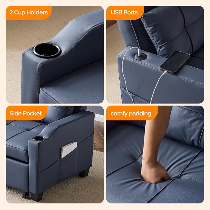 VINGLI Blue Sleeper Chair Bed 3-in-1 Convertible Futon Sofa Bed Pull Out Couch Bed Adjustable Recliner Chair with USB Ports Cup Holders Side Pockets for Living Room Bedroom Small Spaces