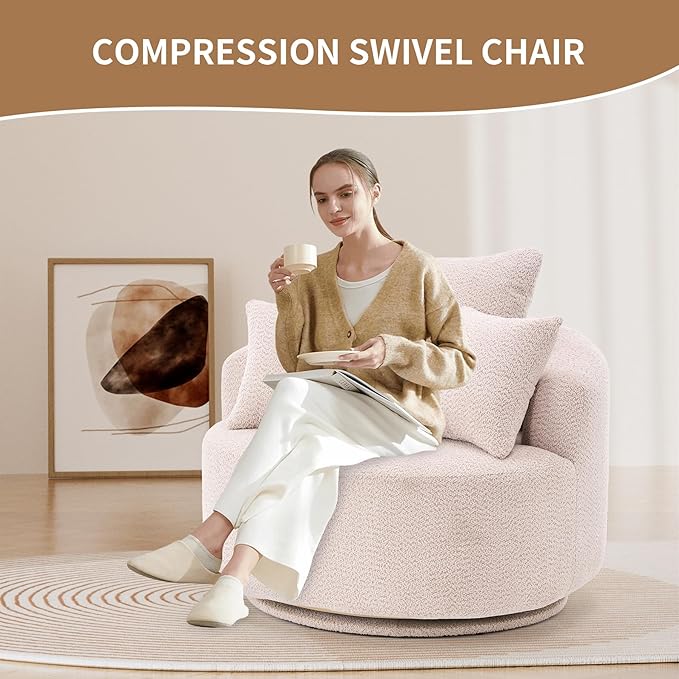 40” Beige Round Swivel Chair with 3 Pillows &amp Thick Cushion Oversized 360° Swivel Accent Chair Modern Boucle Armchair for Nursery Living Room Bedroom Club