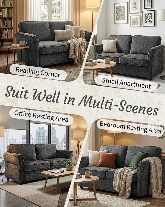 Karl home 67 Loveseat Sofa Chenille Fabric with Removable Covers Outward Arms Spring Cushion &amp Solid Wood Frame Deep Seat Couch for Small Apartment Living Room Reading Nook Bedroom Grey