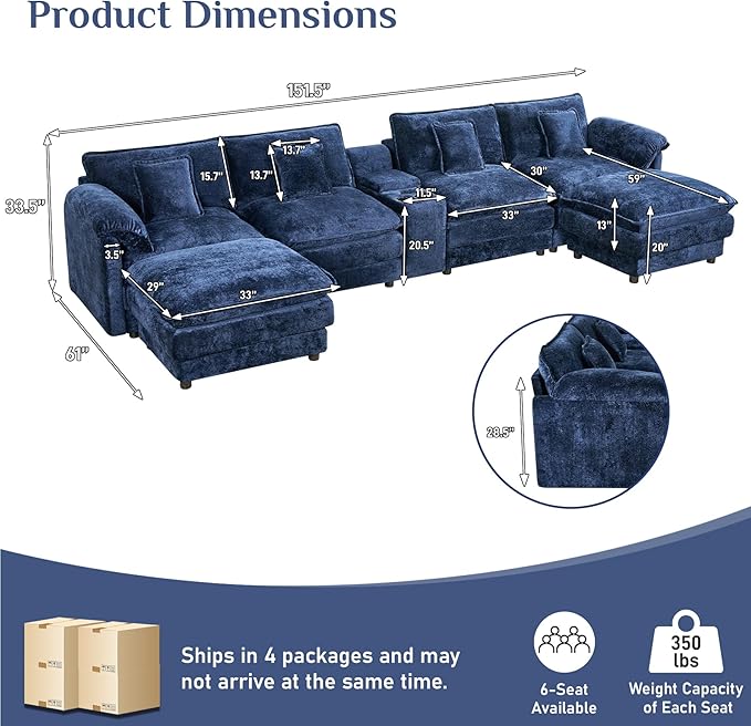 152 Oversized Modular Sectional Sofa U Shaped Cloud Couch Modern 6 Seat Sofa Set for Living Room Comfy Chenille Couch with Storage Central Console Movable Ottomans Cup Holders USB Ports Blue