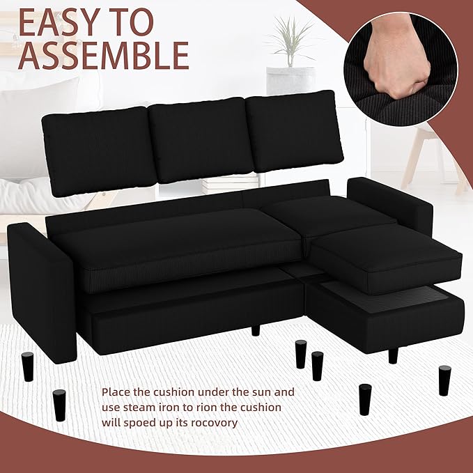 JAMFLY Sectional Sofa Couch Convertible L Shaped Sofas with Ottoman Small Sectional Couches for Living Room 3 Seater Couch for Small Spaces Black