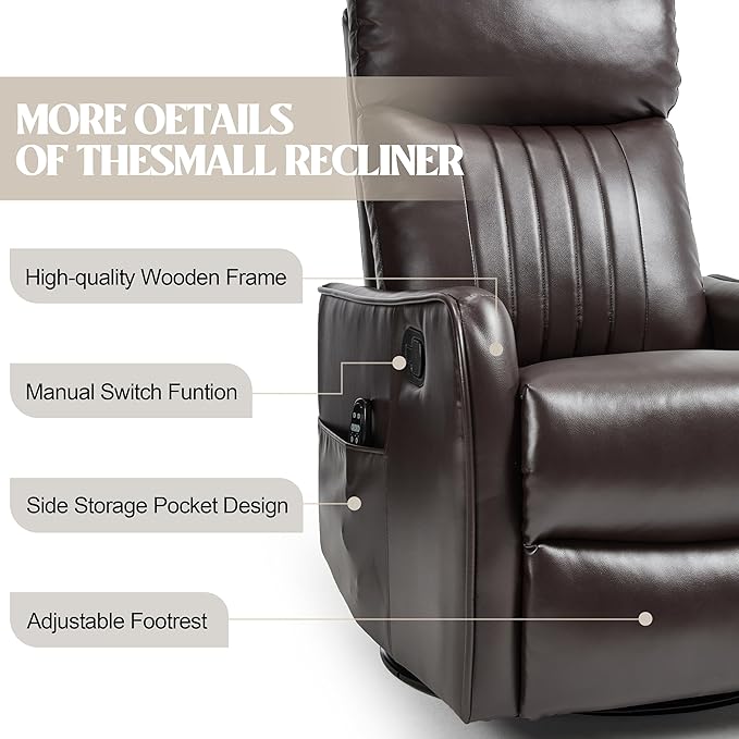 PELUMY 360 Swivel Rocking Recliner Chair for Adults Nursery Rocking Chair with Heat and Massage Glider Reclining Chair for Small Space Living Room Bedroom (Breathable Leather Dark Brown)
