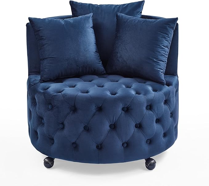 Velvet Upholstered Swivel Chair for Living Room with Button Tufted and Movable Wheels Including 3 Pillows Blue