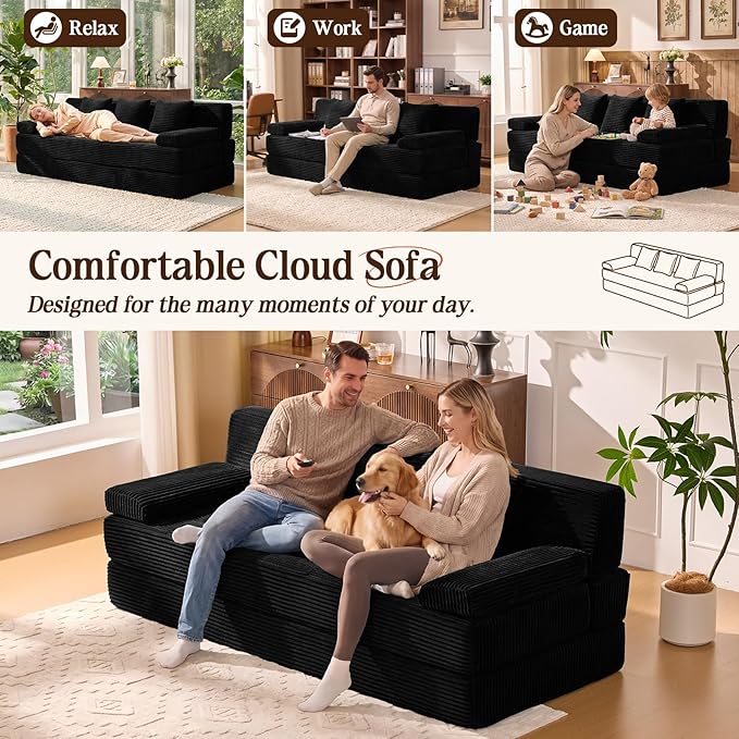 78.7IN Folding Sofa Bed - Convertible Sleeper Sofa Couch with Removable Pillows 3 Seater Couches Bed for Living Room Bedroom Apartment No Assembly Required Freestanding Corduroy Black