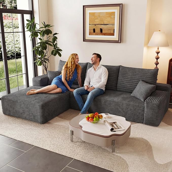 95 Modular Sectional Couch Boneless L Shaped Cloud Sofa with Chaise Lounge Corduroy Upholstered Couches Memory Foam Deep Seat No Assembly Required Ideal for Living Room(Dark Gray Left Facing)