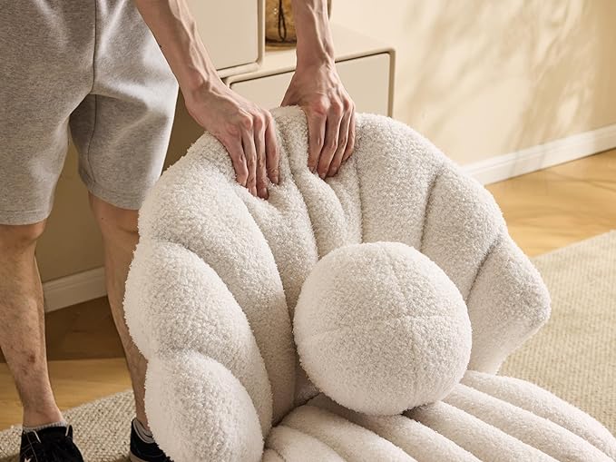 VINGLI Shell-Shaped Teddy Fleece Accent Vanity Chair with BackComfy Khaki and Gold Desk Chair No WheelsCute Small Pearl Deco PillowGift for Girls/Womenfor MakeupOfficeDiningNailSewingBedroom