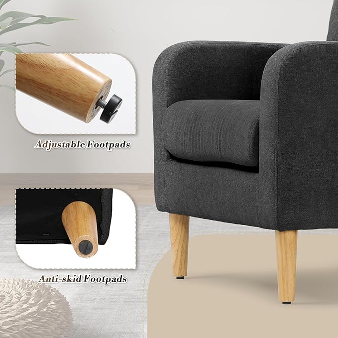 Athena Collection Modern Accent Chair with Cushion Comfy Upholstered Fabric Reading Chair for Adult Soft Sofa Armchair for Living Room Bedroom Dorm Black