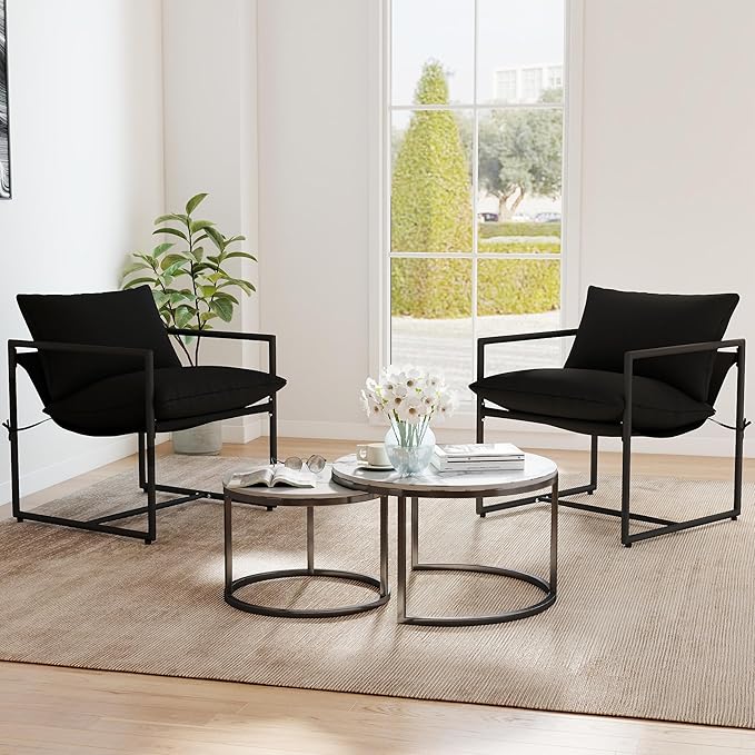 Kromax Sling Accent Chair Cozy Living Room Chairs Square Metal Frame Upholstered Soft Cushion Sponge 28 x28“x32 Easy Assembly Black