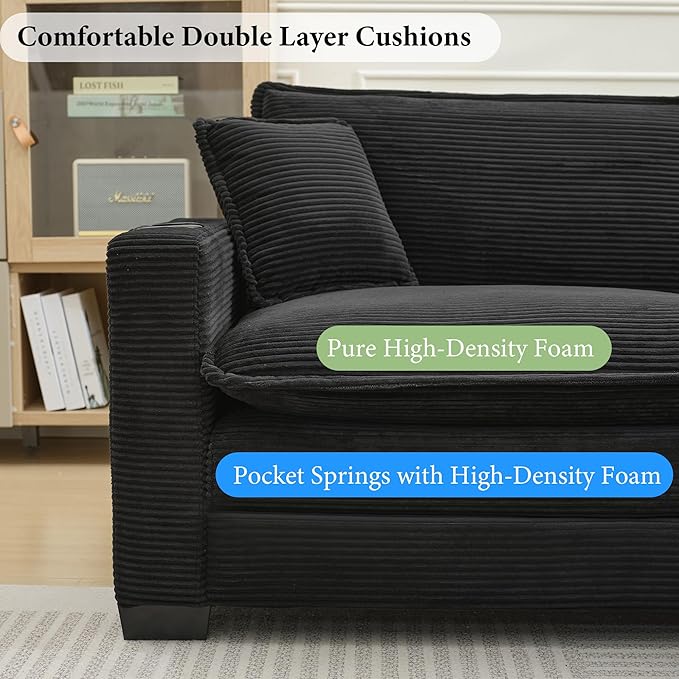 82.7 L Shaped Sectional Sofa with Cup Holders &amp USB Ports Modern Loveseat Cloud Couch with Ottoman for Living Room Apartment Small Spaces Black Corduroy