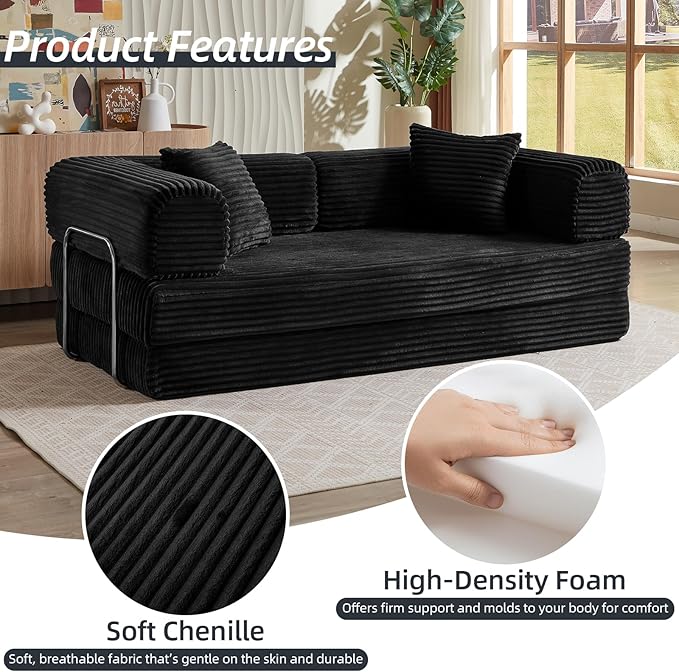 4-in-1 Convertible Folding Sleeper Sofa Bed Plush Corduroy Foldable Mattress Couch with Fixed-Shape Frame Floor Compressed Sofa for Living Room Bedroom (Black)