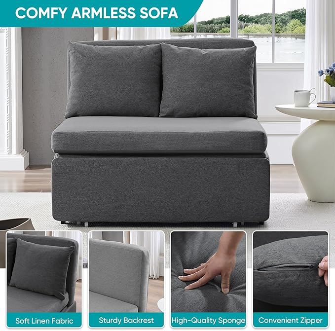 BALUS 43W Twin Pull Out Sofa Bed Sleeper Couch with Pullout Beds 2 in 1 Convertible Linen Sleepers Sofa Single Chair with Pillows and 3.9 Foldable Mattress for Small Space Apartment Loft Dark Grey