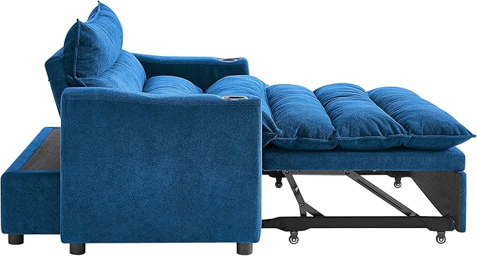 SLEERWAY 3 in 1 Convertible Sleeper Sofa Bed 56.3 W Easy Pull Out Couch Bed with Dual Cup Holders Comfy Thick Padding Futon Loveseat with Adjustable Backrest for Living Room Small Space (Blue)