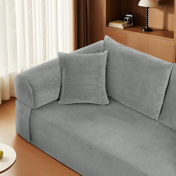 83 Sofa in a Box 3 Seater Couch No Assembly Boneless Sofa Bed with Cushion Back 2 Pillows Deep Seat Corduroy Fabric Side Storage Pockets for Living Room Bedroom Apartment Office Light Grey