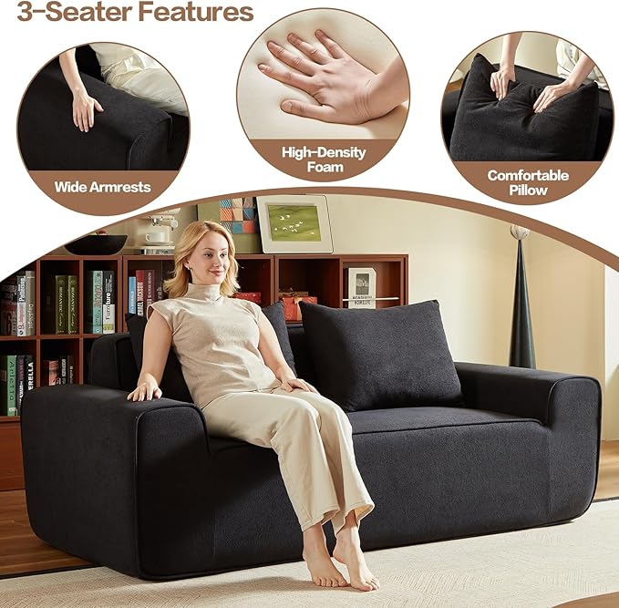 Boneless Couch 3 Seater Foam Sofa 76 Comfy Deep Seat Sofa with 2 Pillows Modern Velvet Cloud Couch for Living Room Apartment Wide Armrests (Black)