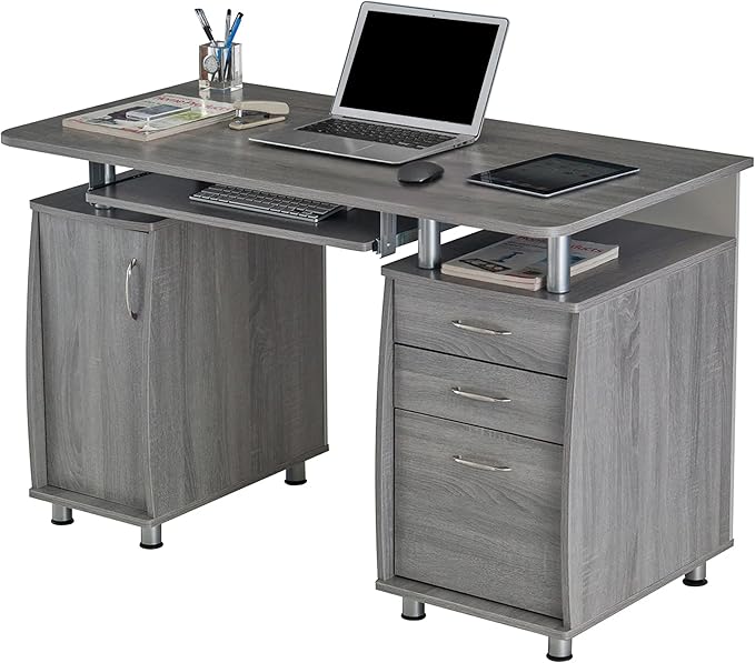 47.5'' Computer Desk with File Cabinet and Drawers Storage Cabinet with Removable Shelf and Ventilation for CPU Home Office Desk or Computer Workstation with Keyboard Tray Grey