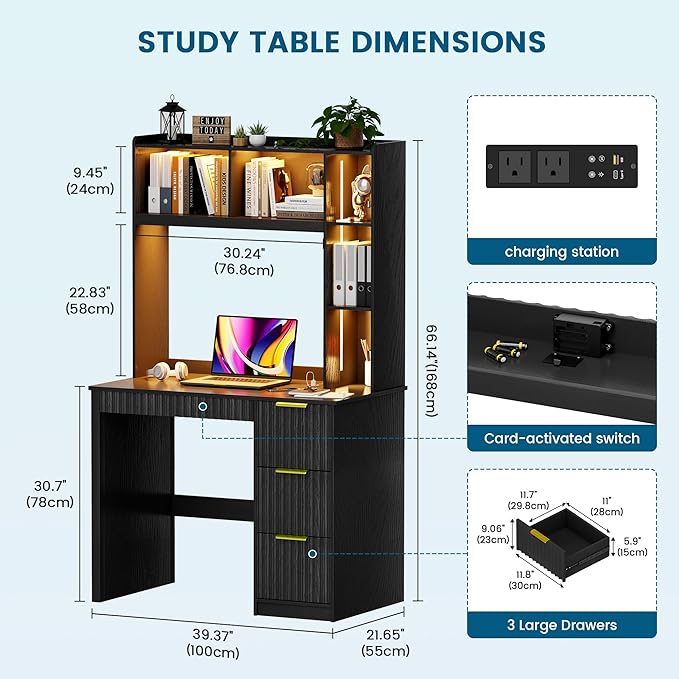 Home Office Desk with Hutch &amp LED Lights - 39 Computer Desk with Charging Station 3 Large Drawers Hidden Compartment &amp Fluted Panel DesignBlack Writing Desk for Bedroom Study