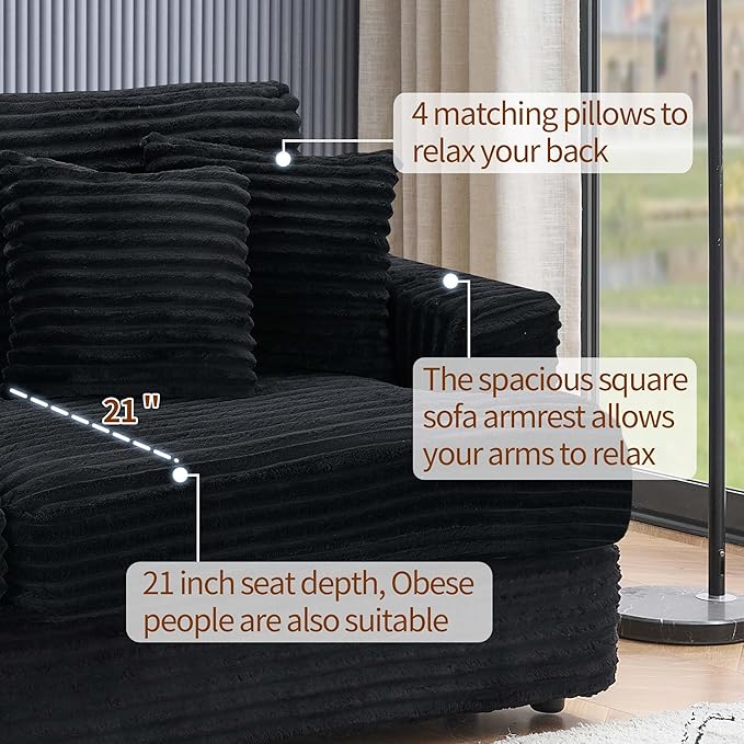 Modern Cloud Couch 3-Seater with 4 Matching Toss Pillows 88.58 Soft Corduroy Sofa with Deep Seat for Small Spaces Living Room Apartment (Black)