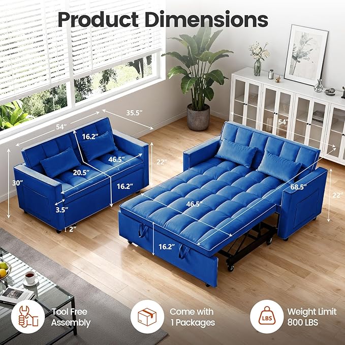 Convertible Sofa Bed Pull Out Couch with Side Pockets 3 in 1 Velvet Fabric Loveseat Sleeper Sofa Bed Pull Out Couch with Adjustable Backrest for Living Room Bedroom Apartment Blue