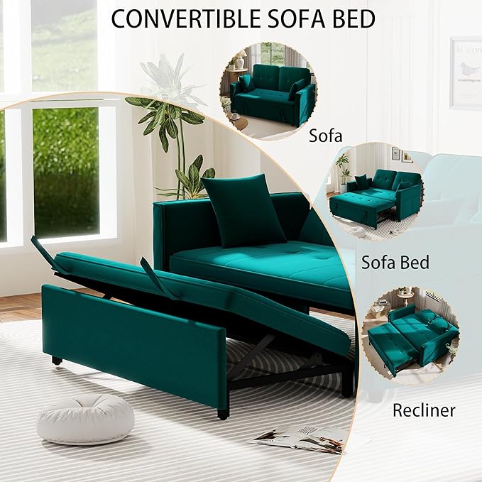 Pull Out Sofa Bed: 56 Green 3 in 1 Convertible Sleeper Sofa Bed Velvet Loveseat Sleeper Couch with Storage Comfy Futon Couch Beds for Living Room | Velvet