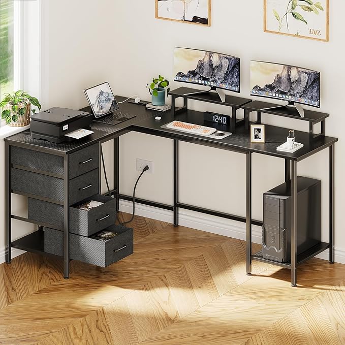 59 inch L Shaped Computer Desk with Power Outlets Home Office Desk with 4 Adjustable Storage Drawers &amp 2 Monitor Stands Two Person Gaming Table for Bedroom Black