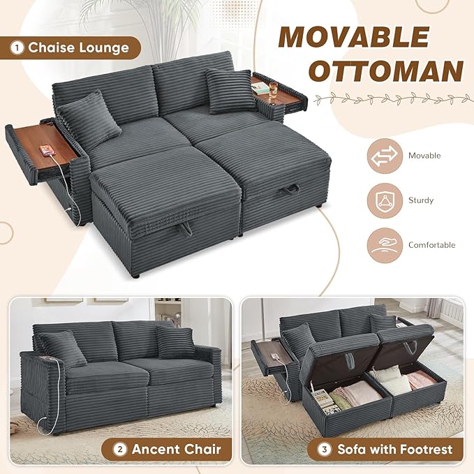 Chaise Lounge Chair Indoor 68 W Corduroy Loveseat Sectional Couch with Sorage Ottoman/Wing Table/Charge Ports/Cup Holder Modern Comfy Deep Seat Reading L-Shape Sofa for Living Room Dark Gray