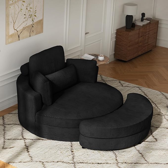 DEINPPA 51'' Accent Swivel Barrel Chair with Storage Ottoman Modern Oversized Round Leisure Sofa Chaise with Tray Pillows Corduroy Upholstered Lounge Chair for Bedroom Living Room Hotel Club Black