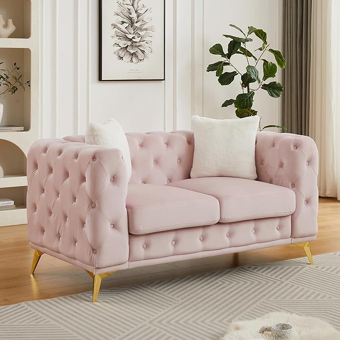 61.25'' Velvet Chesterfield Sofa Button Tufted Upholstered Love Seat Sofa Couch with 2 Pillows Golden Metal Feets Removable Thick Cushions Small Loveseat Couches for Living Room Apartment Pink