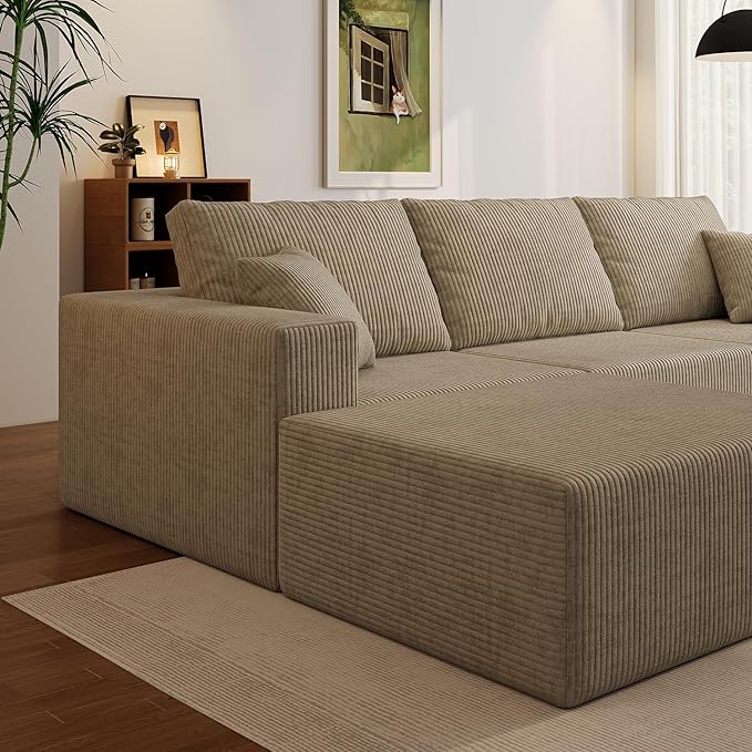 Boneless Cloud Sectional Couch for Living Room Compressed Modular L-Shaped Sofa with Deep Seat Frameless Corduroy Couch in Boxes No Assembly Required Grey Middle