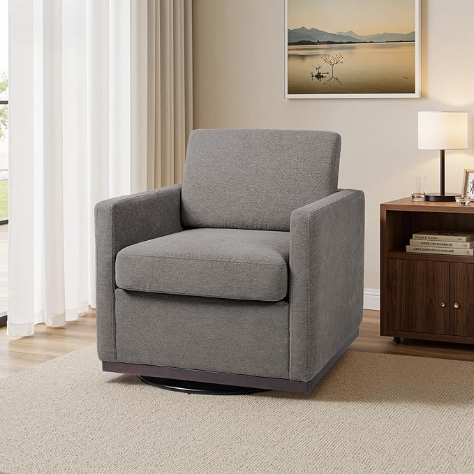 Swivel Accent Chair 360° Swivel Upholstered Club Armchairs for Living Room 31 Wide Square Single Sofa Reading Chair with Deep Seat Metal Swivel Base Chenille Fabric Taupe