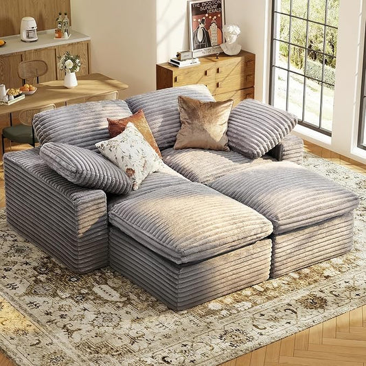 KKL 85 Sectional Modular Boneless Sofa Bed 4 Seater Cloud Couch with Ottoman Corduroy Sectional Couches for Living Room Bedroom Grey