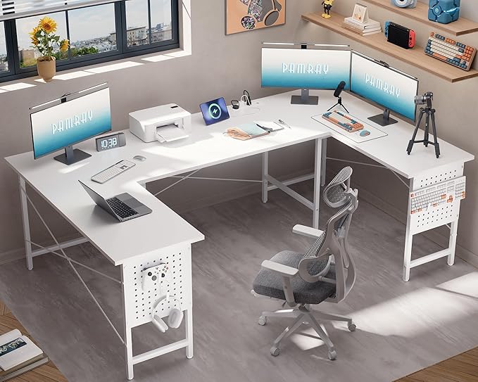 Pamray 71 Inch Large Computer Desk with Power OutletsU Shaped Corner Desk for Home Office Work and Gaming White