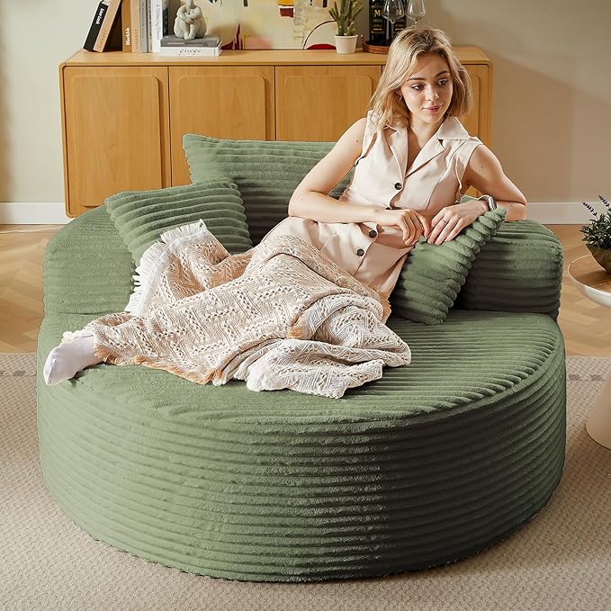 55'' Oversized Round Chair Lounge Chaise Indoor Cloud Boneless Large Circle Chair with Plush Corduroy No Assembly Required Fluffy Modern Sleeper Sofa Bed for Reading Living Room Bedroom(Green)