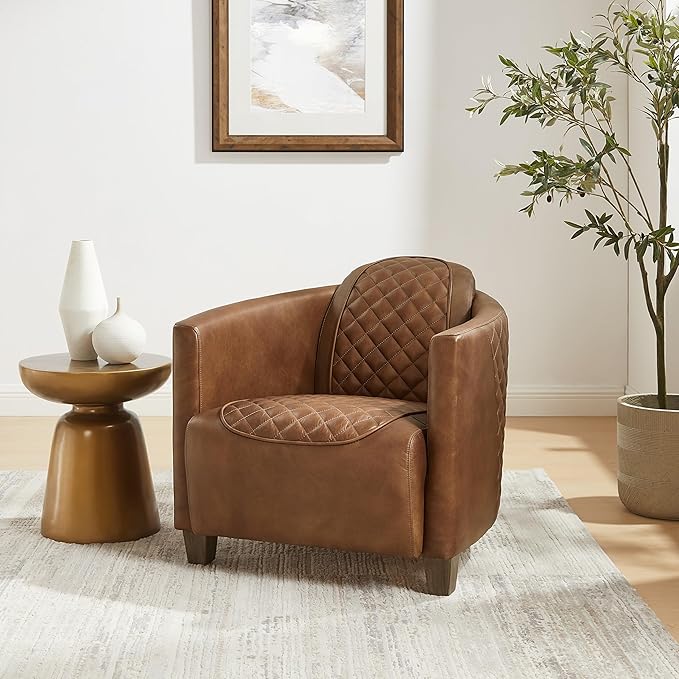 Zouron Genuine Leather Living Room Chair Mid Century Modern Single Sofa Chair with Wooden Legs Upholstered Barrel Accent Chair for Living Room Bedroom Home Office 1 Pcs Chocolate