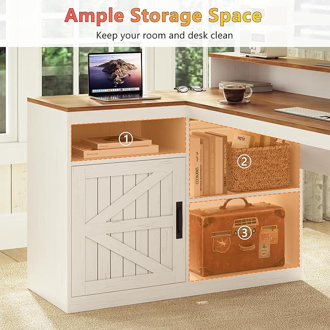 TVU Farmhouse L Shaped Desk with Drawers 62.2 Home Office Desk with Storage Shelves and Power Outlet L Shaped Computer Desk with Monitor Stand and Printer Shelf Brown and White