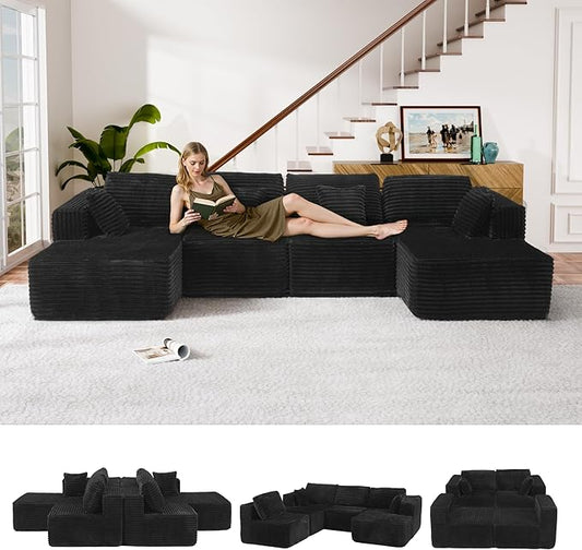 132 U Shaped Couch Modular Sectional Sofa with Chaise Flannel U Shaped Boneless Couch with Deep Seat Upholstered Modular Cloud Sofa for Living Room No Assembly Required Black Flannel