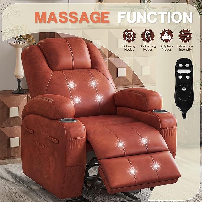 Furmax Electric Power Lift Recliner Chair with Massage for Elderly Corduroy Fabric Recliner Single Sofa with Cup Holders Side Pockets and Remote Control for Living Room Bedroom (Leathaire Brown)