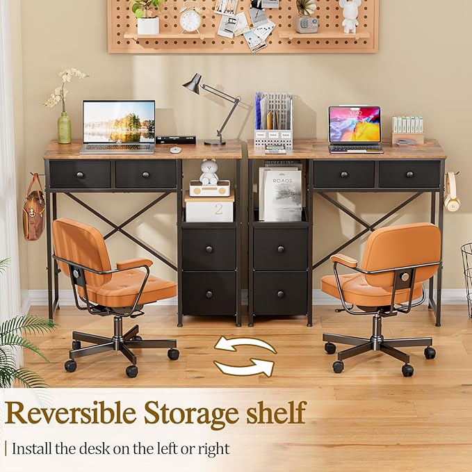 Small Computer Desk with 4 Fabric Drawers Simple Writing Desk for Home Office Compact Study Desks for Small Spaces Kids Desk Study for Bedroom Rustic Brown