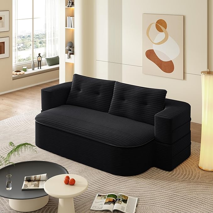 2 in 1 Convertible Folding Sofa Bed with Multi Functional BlanketCorduroy Loveseat Couch BedFull Size Floor Boneless Couches for Living Room Bedroom Small Spaces ApartmentBlack