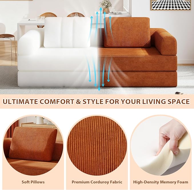 All-in-1 Folding Convertible Sofa Bed Boneless Futon Floor Couch Corduroy Fold Out Modular Lounge Comfy Loveseat Sleeper Lazy Cama for Living Room Bedroom Guestroom Orange（Narrow Stripes）