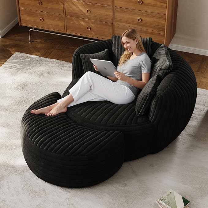 50 Oversized Chaise Lounge Indoor Round Reading Chair Lounge Chair with Ottoman Boneless Sofa Bed Large Fluffy Plush Corduroy Chaise Chair for Living Room Playroom Bedroom Black