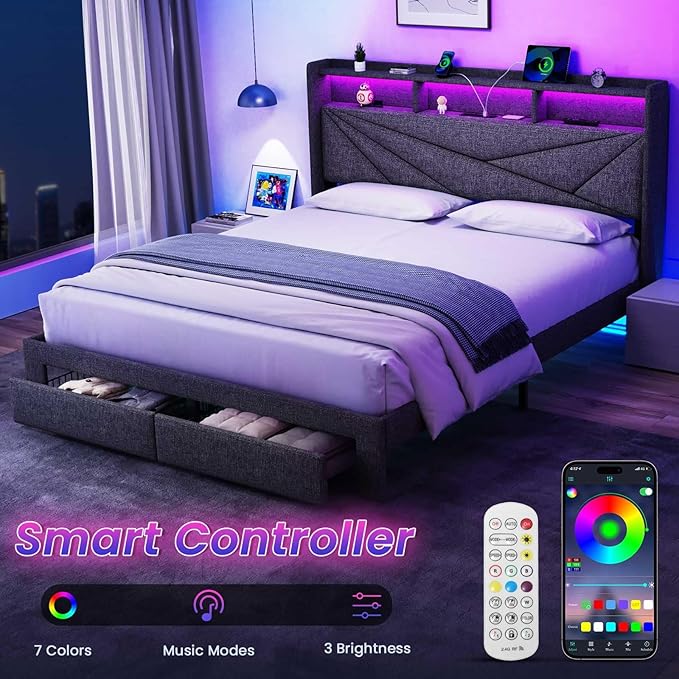 LED King Size Bed Frame with 2 Storage Drawers Upholstered King Bed Frame with Headboard and Charging Station No Box Spring Needed Easy to Assembly-Dark Grey