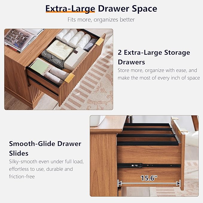 JXQTLINGMU 2 Drawer File Cabinet with Charging Station 30 Fluted Lateral File Cabinet w/Files Hanging Rod for Letter/Legal/A4 Large Tabletop for Printer Office Wood Printer Cabinets Dark Grain