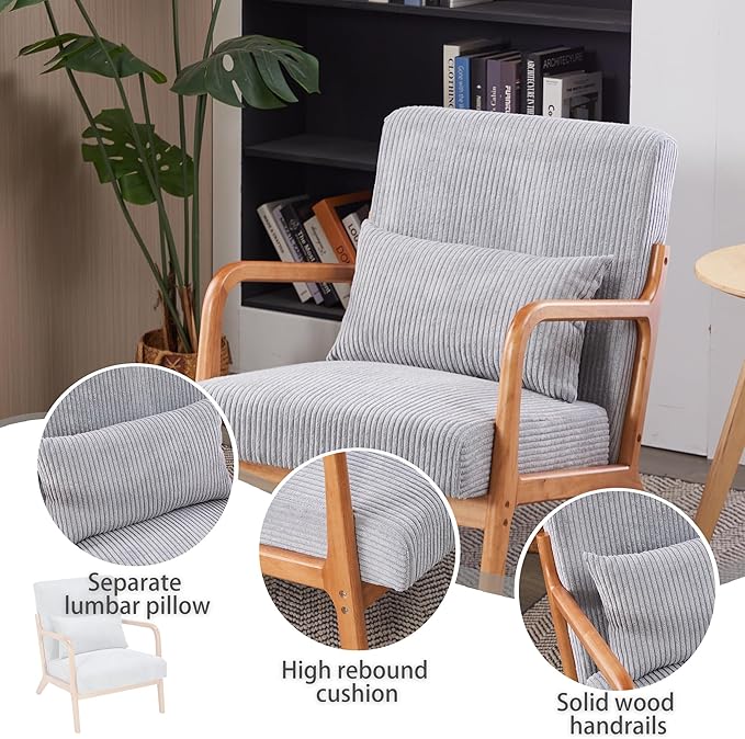 JOYBASE Mid Century Modern Accent Chair Lounge Reading Armchair with Wood Frame for Living Room Office Bedroom (Polyester Fabric Light Grey)
