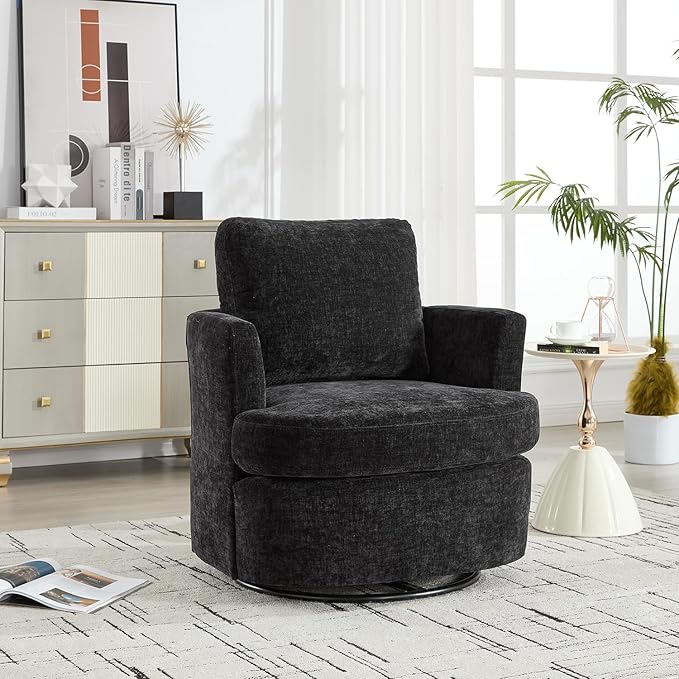 360° Swivel Accent Armchair Chair Swivel Black Round Barrel Chair Upholstered Chenille Accent Chairs for Living Room Bedroom Reading