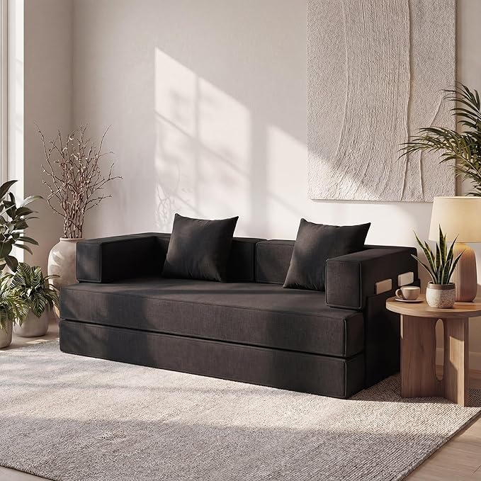 Claiks 4-in-1 Convertible Sofa Bed82 Inch Compression Sofa with Corduroy Fabric Pull Out Sleeper Sofa with 2 Pillows &amp 4 Side Pockets for Living Room Bedroom ApartmentNo Assembly RequiredBlack