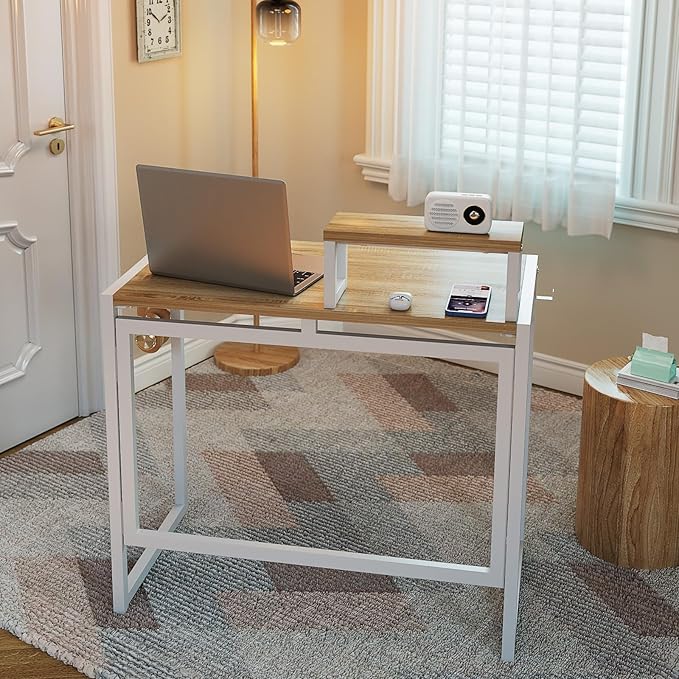 GreenForest Folding Desk with Monitor Stand 31.5 Inch Foldable Computer Desk with Hook and Storage Sturdy Small Space-Saving Writing Work Table for Home Office Dorm Oak