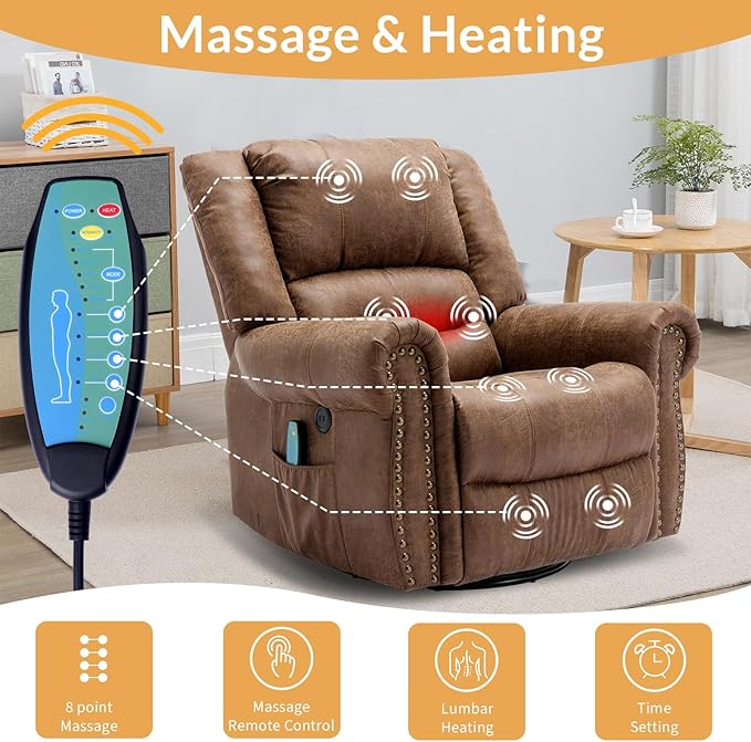 Manual Massage Recliner with Heating Function 360° Swivel Glider Rocking Recliner Chair for Living Room Ergonomic Single Sofa Chair with Remote Control/USB Ports/Side Pockets(Brown)